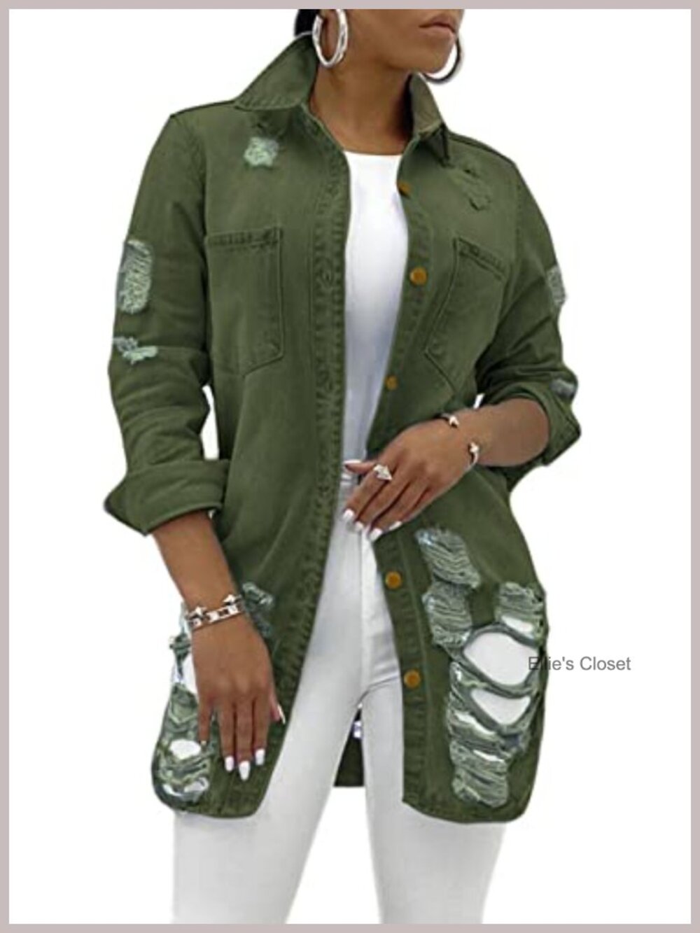 Women's Long Denim Jacket Classic Trucker Ripped Jean Coat
